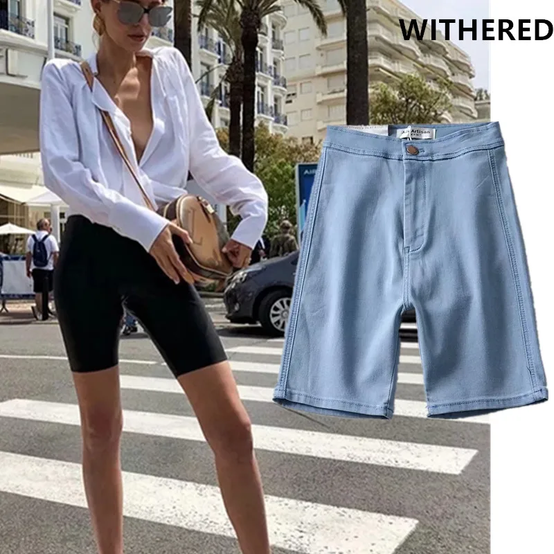 

Jenny&Dave women short plus size high street vintage AA wind super skinny bike denim shorts women short feminino plus size
