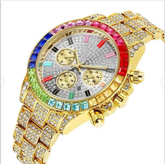 

Cross-border burst full of diamond-colored drilling diamond square stone men's watch three-eye steel with gold calendar men's