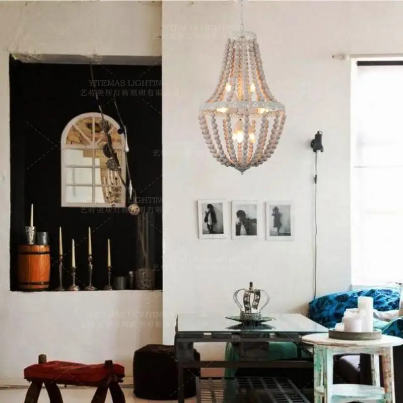 Винтажная люстра из белого дерева с бисером 9 огней Большой французский стиль