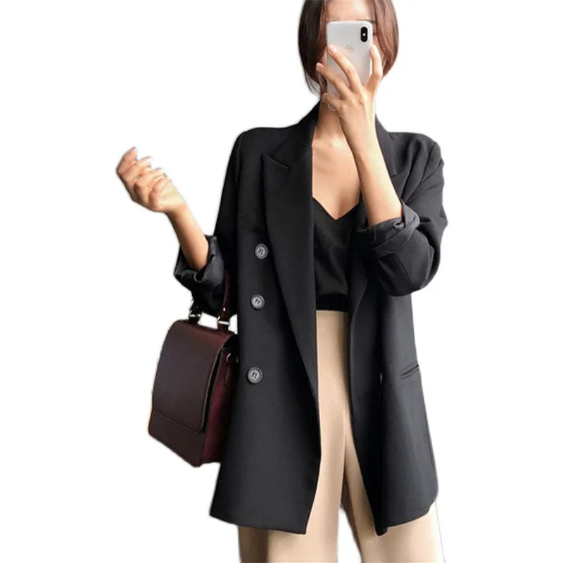 Новинка женские блейзеры черные с отложным воротником длинным рукавом офисные