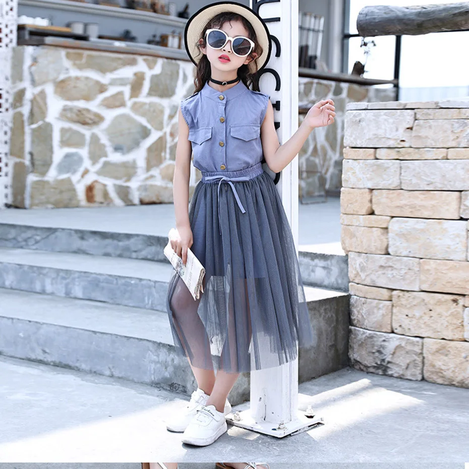 

Summer Clothes For Girls Solid Children Clothing For Girls Tops+Mesh Skirt Girls Clothes Teen Children Costume 4 6 8 10 12 Years