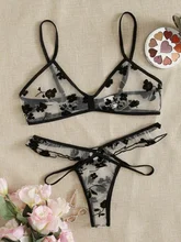 Ensemble soutien gorge et culotte à motif Floral pour Femme, Lingerie transparente, Push Up, Sexy, ajouré, sous vêtements noirs à trois points  (4)