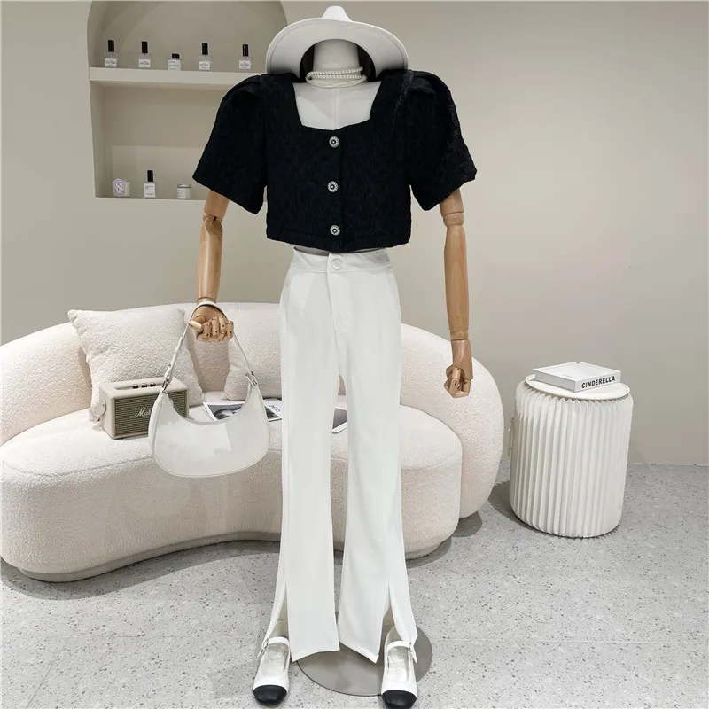 

Women's clothing Summer 2021 Fashion New Square neck short top Vintage Lantern Sleeve Black Shirt