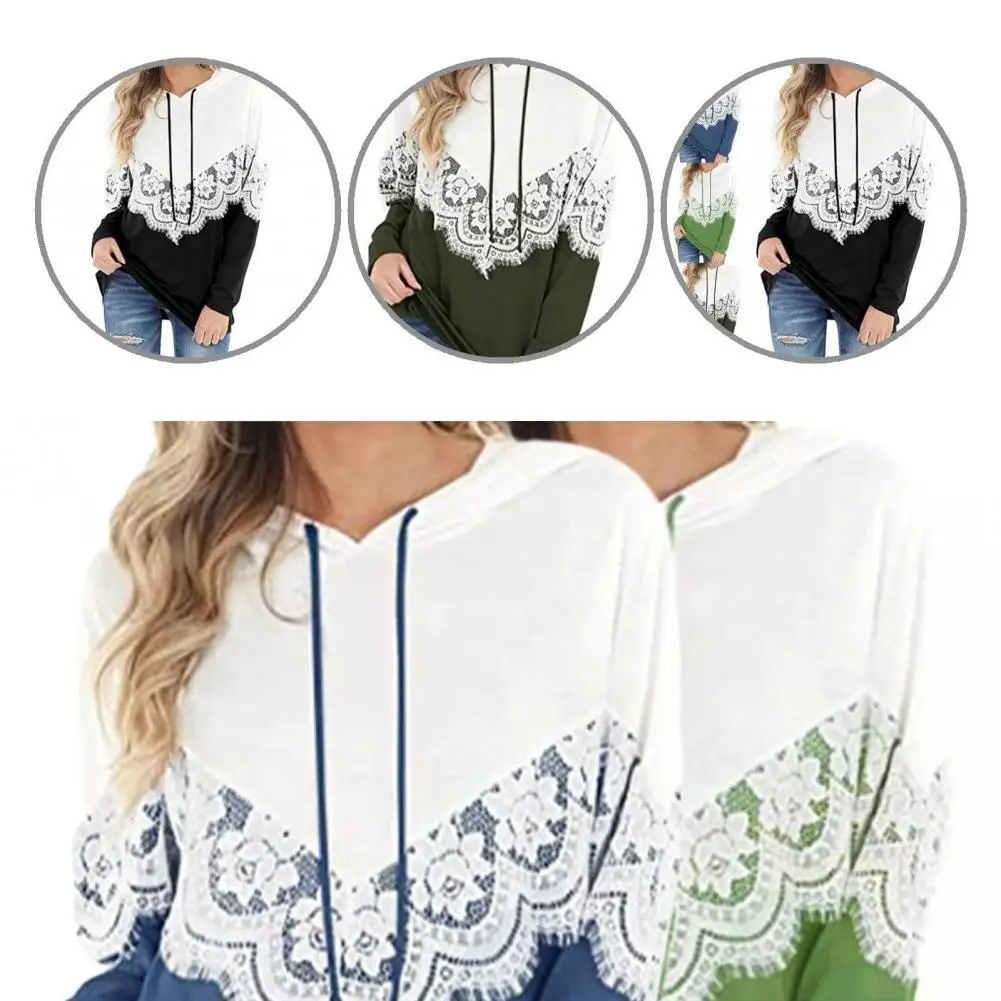 

Warm Lightweight Lace Stitching Hooded Pullover Sweatshirt Outerwear
