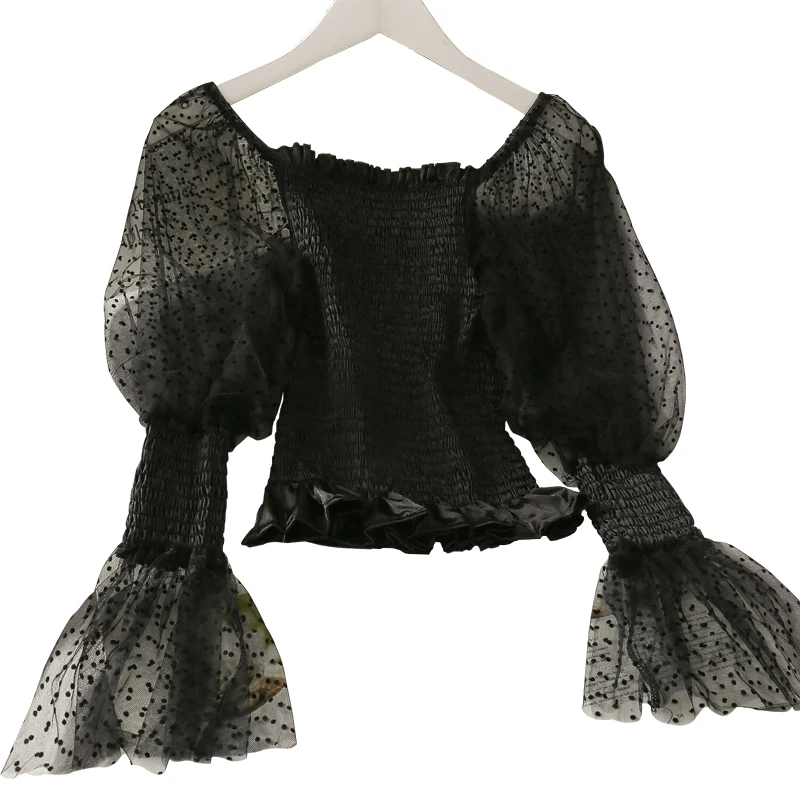 

fairy wind diandian yarn splicing spring bud silk unlined upper garment of female horn sleeve fold clavicle doublet