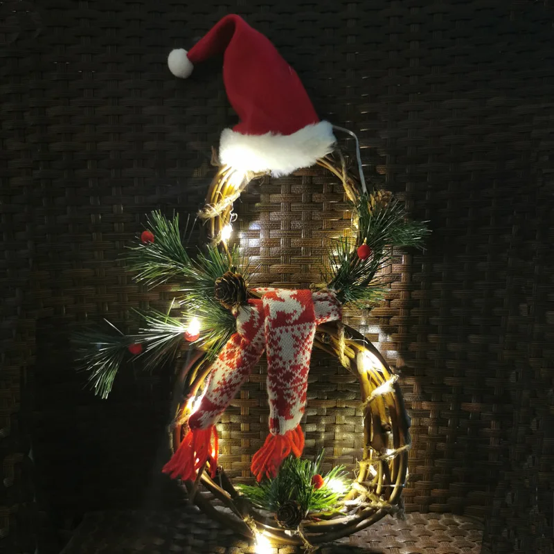 

Christmas LED Lighted Rattan Circle Wreath With Hat Scarf Snowman Shaped Garland Hanging Pendant For Xmas Holiday Party