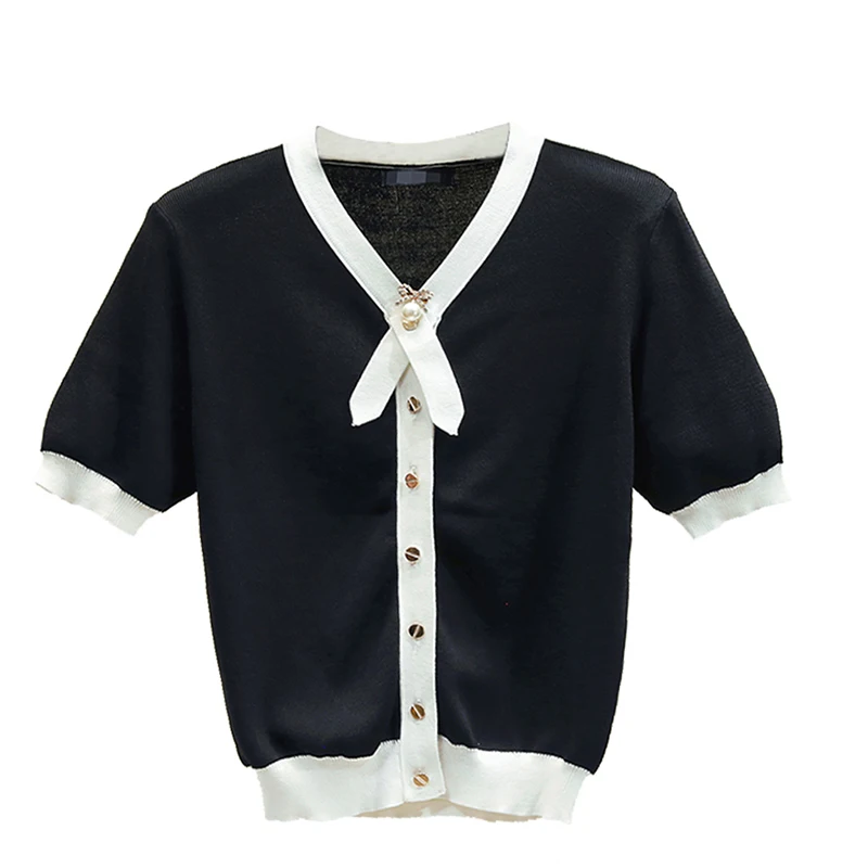 

Black Blue Knitted Tops For Women V-neck Short Sleeve Single Breasted Femme Clothing