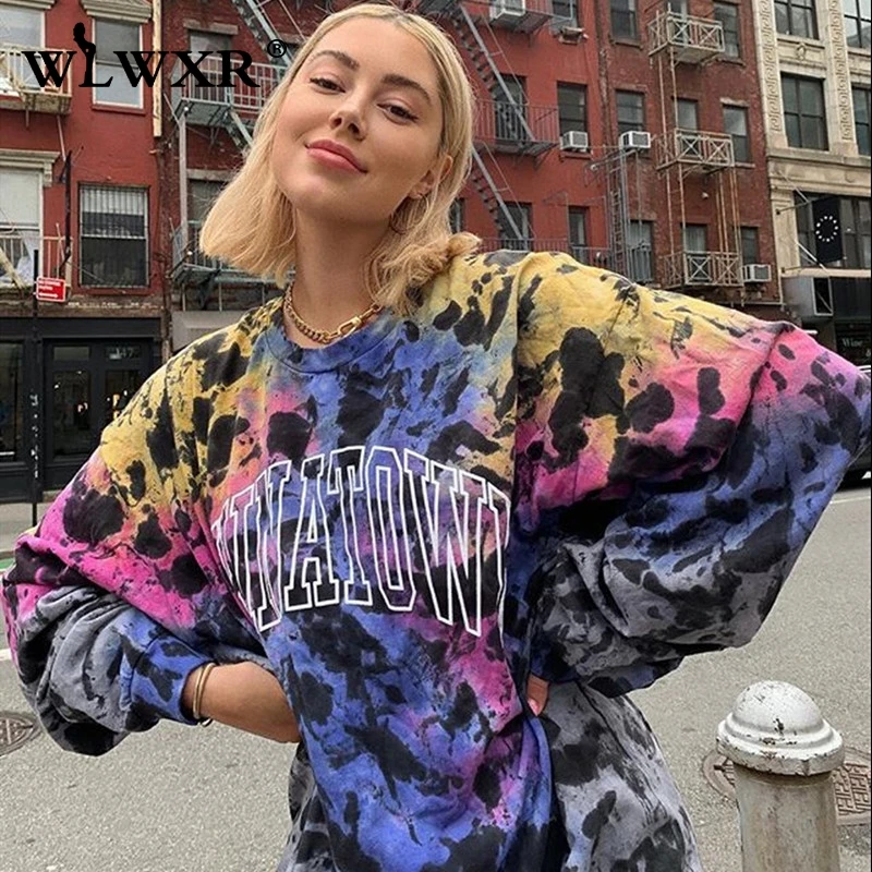 Синий WLWXR с буквенным принтом уличная негабаритная Толстовка для женщин Топ Галстук Краситель Длинная толстовка с капюшоном Женский пуловер с круглым вырезом Harajuku Свободная Толстовка - Цвет: Синий