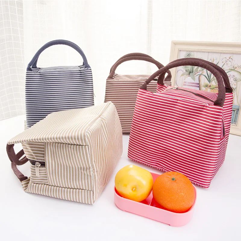

Women Portable Lunch Bag Canvas Stripe Insulated Cooler Bags Thermal Food Picnic Lunch Storage Bag Kids Lunch Box Bag Tote
