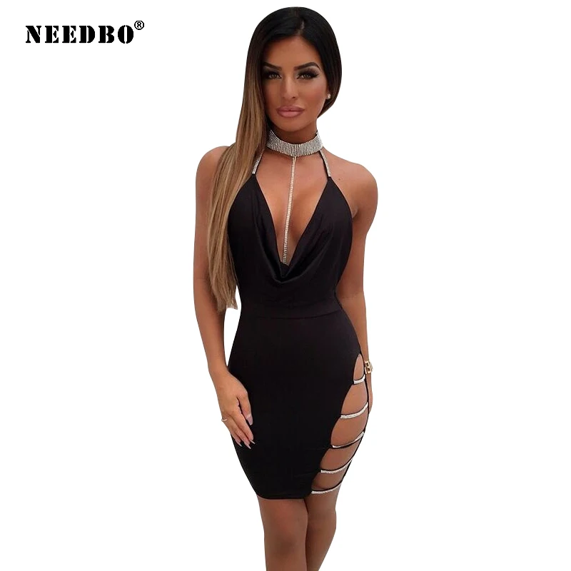 

NEEDBO Women Dress Elegant Sexy Ladies Dresses Deep V-neck Sleeveless Dress Evening Party Club Short Mini Dress Backless Vestido