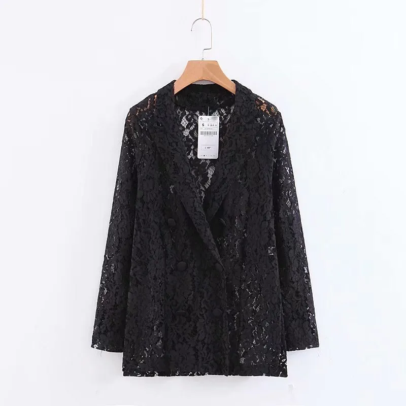 Женский черный кружевной блейзер с длинным рукавом двубортный пиджак прорезями