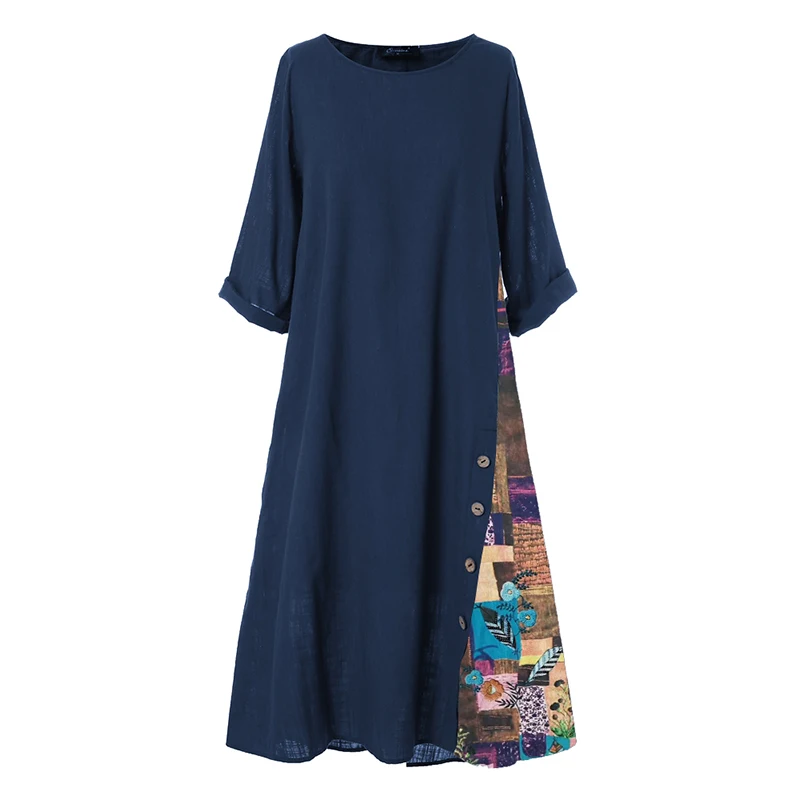 ZANZEA женское платье осень-зима Vestidos длинное платье Винтаж Цветочный принт, из кусков, с пуговицей, на Повседневное размера плюс Открытое платье без рукавов