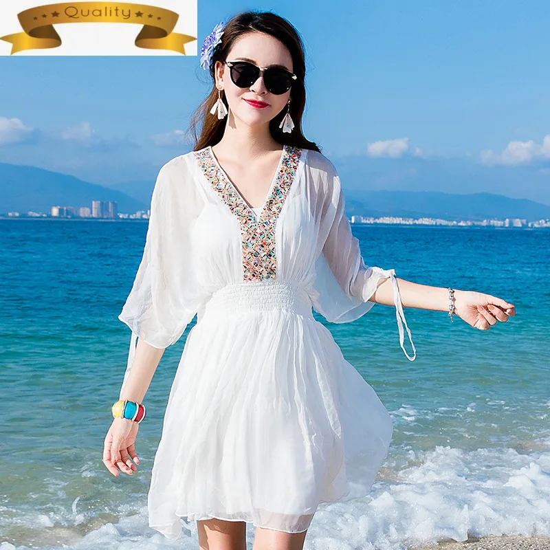 

Woman Dress 2021 Summer 100% Real Silk Beach White Dress Female Boho Sweet Korean Dresses for Women Party Vestidos Mujer KJ8111