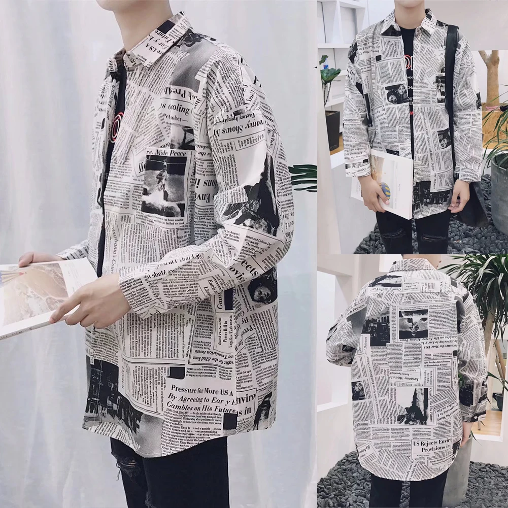 Рубашка мужская приталенная с принтом газет Модный повседневный Топ длинным