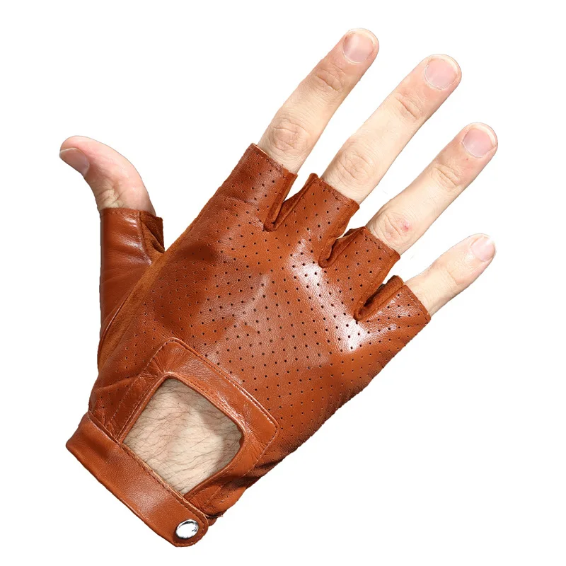 Fingerless Men Leather Gloves Goatskin Unisex Guantes Half Finger Fitness Exercise Driving Anti Slip Breathable Gloves Black Red