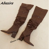 abesire long brown pleated solid boots pointed toe women boots over the knee high heel new autumn winter big large size shoes