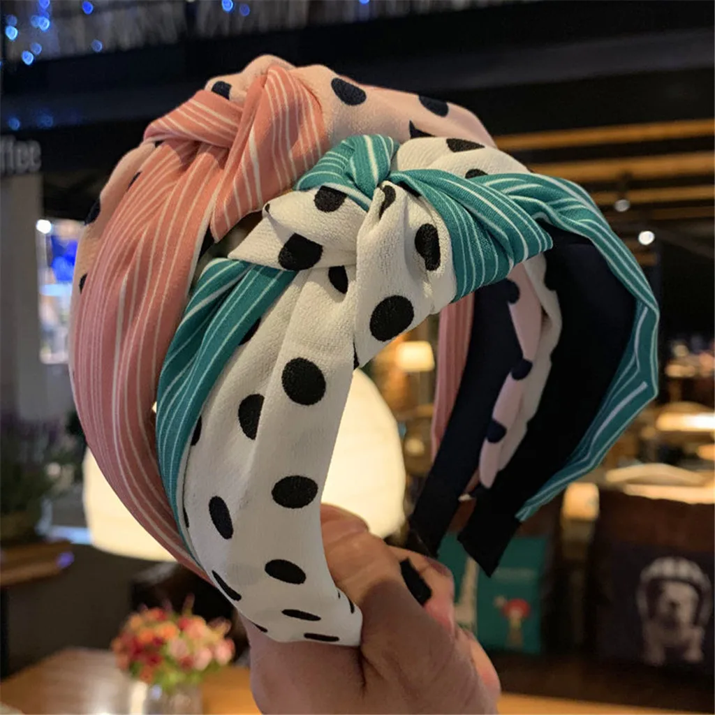 Милая повязка на голову в полоску горошек с крестиком простая элегантная женская