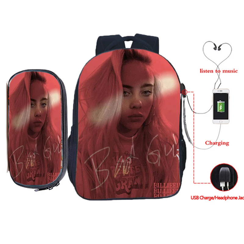 30 Billie Eilish рюкзак для зарядки через usb 2 шт./компл. школьная сумка для подростков мальчиков и девочек рюкзак для ноутбука пенал Дорожная сумка на плечо - Цвет: 30