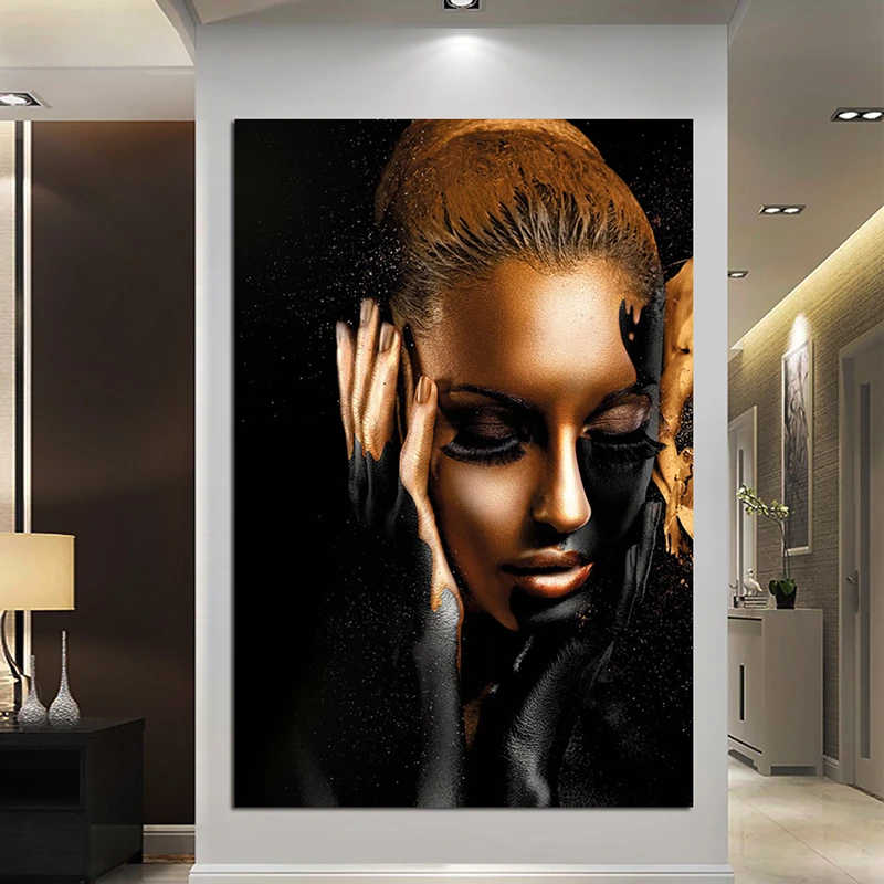 

Black Gold African Woman Oil Paintings on Canvas Nude Wall Art Posters and Prints Scandinavian Cuadros for Living Room Decor