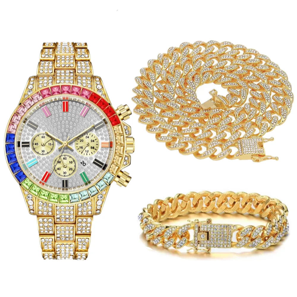 Conjunto de joyería para hombre, collar, reloj y pulsera, cadena cubana de Hip Hop, Miami, Color plateado, con diamantes de imitación incrustados