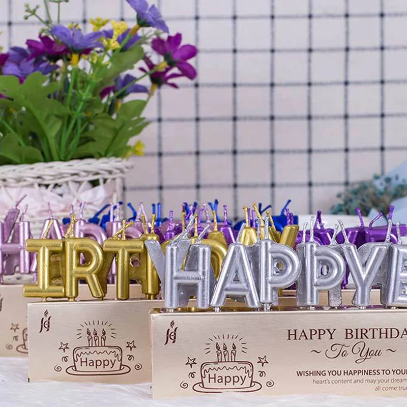 

English Letters Happy Birthday Cake Decorative Candles Gold Silver Safe Flame Birthday Cake Topper Wedding Party Decor Supplies