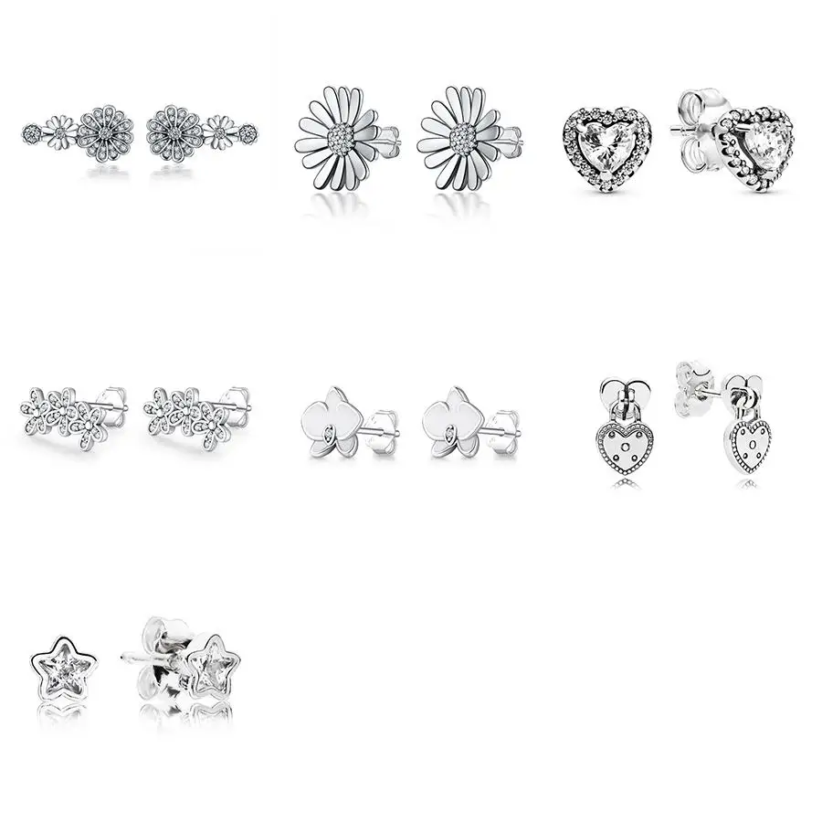 

925 Sterling Silver Ear Studs Charm Diy Silver Flower Crystal Heart Earring For Women Wedding Jewelry