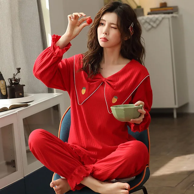 

Casual Warm Pajamas Kawaii Princess Style Women Homewear Sexy V-Neck Bows Sleepwear Autumn Witer Cotton Long Sleeve Pajamas Set