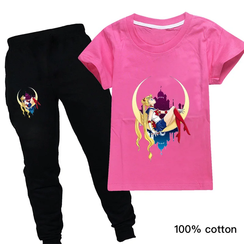 

2020 New Boys Short Sleeve Sailor Moon T Shirt+pants Summer Toddler Tracksuit O-Neck Kids Girls Clothes Outfits Sets
