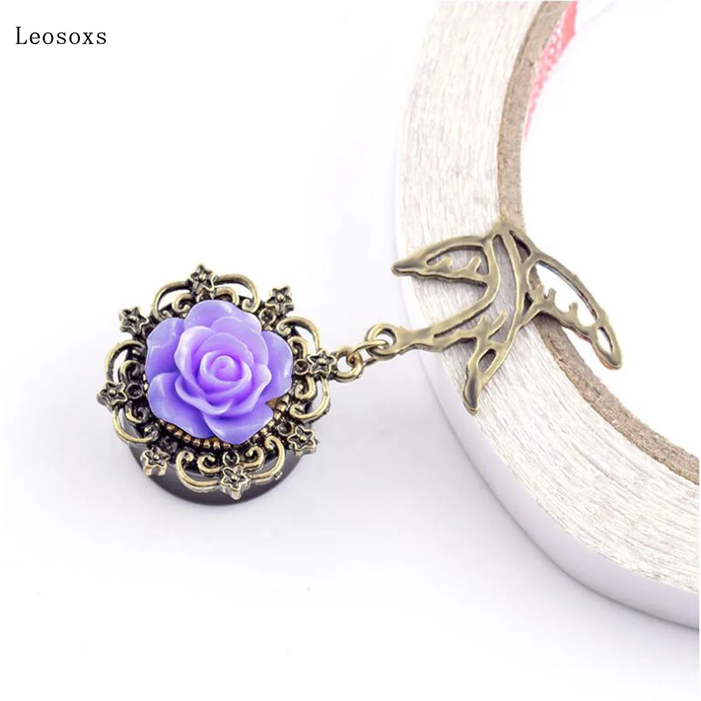 

Leosoxs 2 Piece 6-25mm Rose ancient bronze swallow auricle black acrylic waist bone ear expander retro For Men and Women