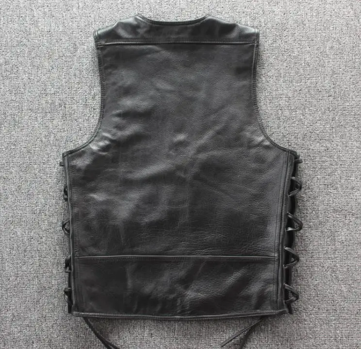 Мужские жилеты из натуральной кожи Байкерский жилет с металлической цепочкой