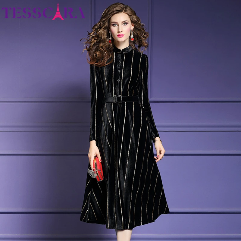 Женское бархатное платье рубашка TESSCARA элегантное офисное вечернее в полоску