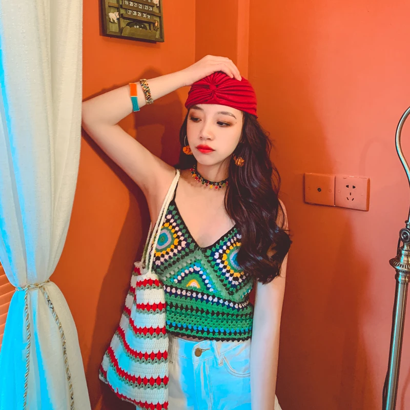 

Summer Ethnic Retro Ethnic Hand-Crocheted Hyuna Fruit Green Patchwork Checkered Knit Vest INS Bikini