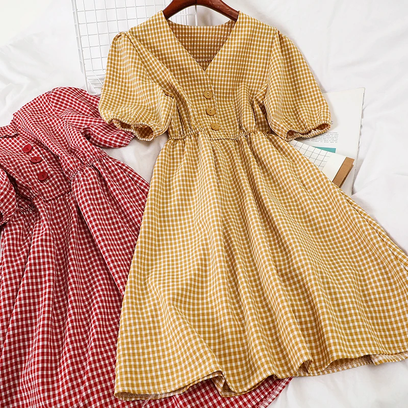 Женское винтажное клетчатое платье с высокой талией летнее трапециевидной формы