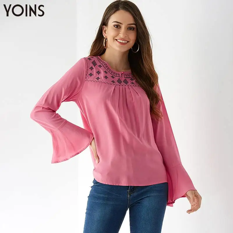YOINS 2020 стильная блузка с вышивкой и пуговицами рукавами колокольчиками круглым