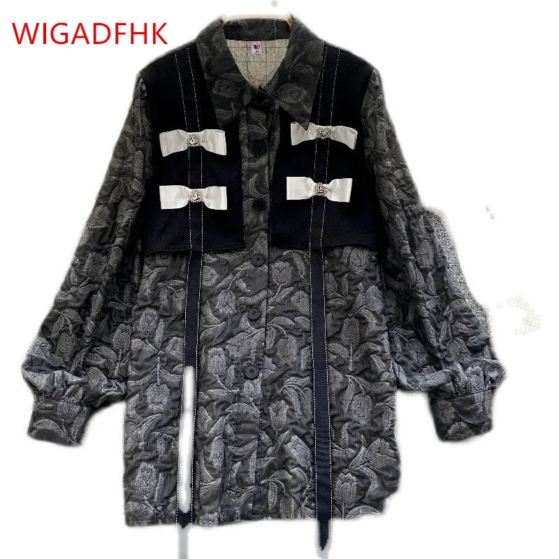 

Жаккардовая рубашка в стиле ретро серого цвета, новинка весны 2022, модная Милая шаль с бантом, популярный цветной свободный шикарный топ в за...