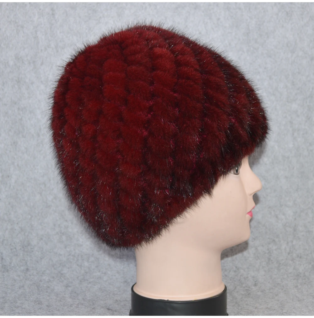 Cotton Lining Winter Lovely Real Mink Fur Hat Women Good Elastic Knitted Real Natural Mink Fur Beanies Caps Real Mink Fur Cap