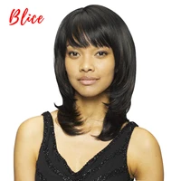 blice for women synthetic wigs medium 10 inch natural wave wig pure black color 1 with skin top right side bang heat resistant