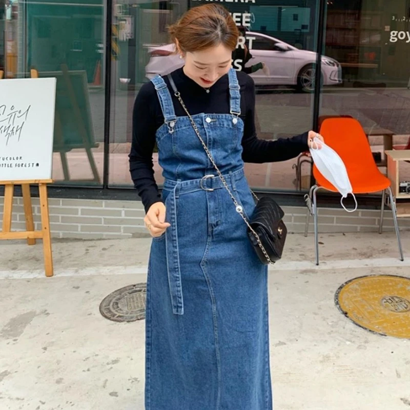 

2021 New Korean chic autumn round neck slim bottoming shirt T-shirt + tie waist split denim strap dress Two-piece sets TZ561