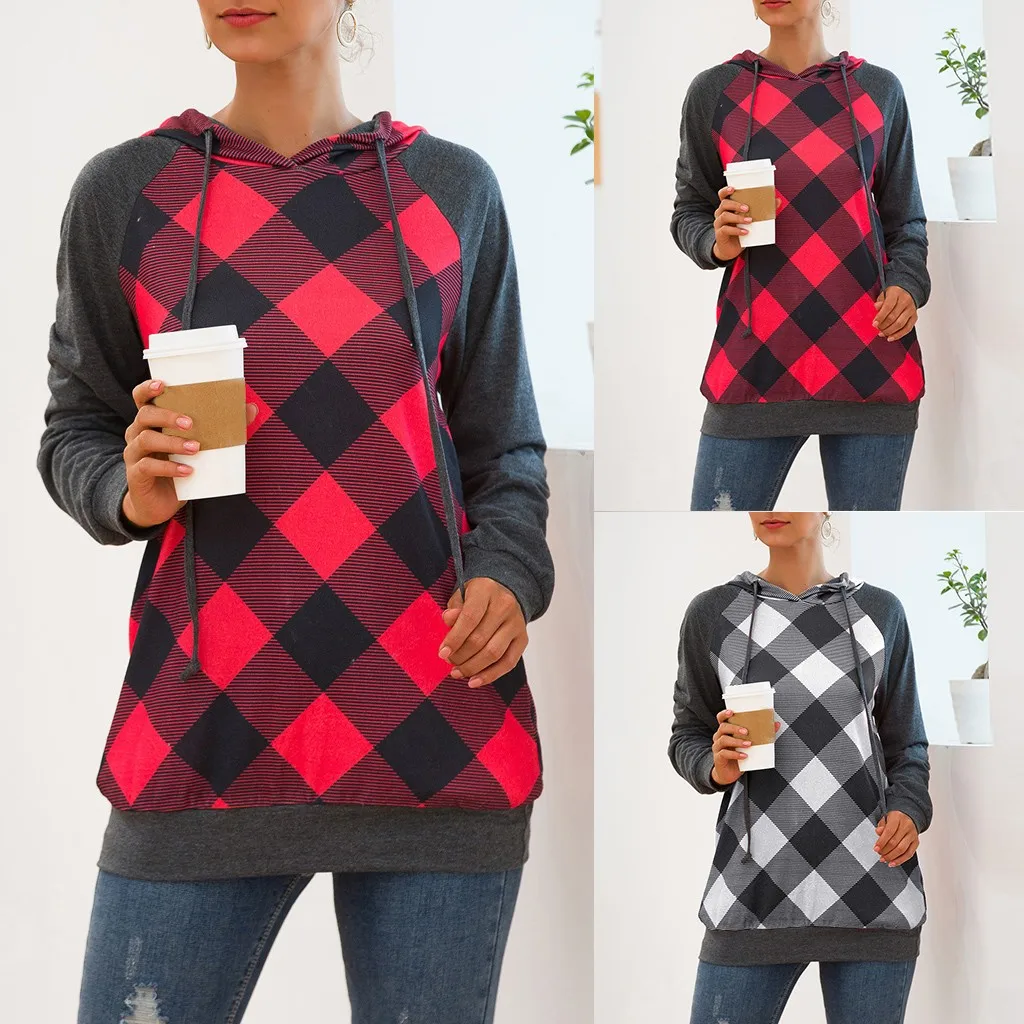 

FREE OSTRICH Sweater Women Grid Stitching Round Neck Long Sleeve Loose Hooded Autumn And Winter Sweaters Women Invierno 2019