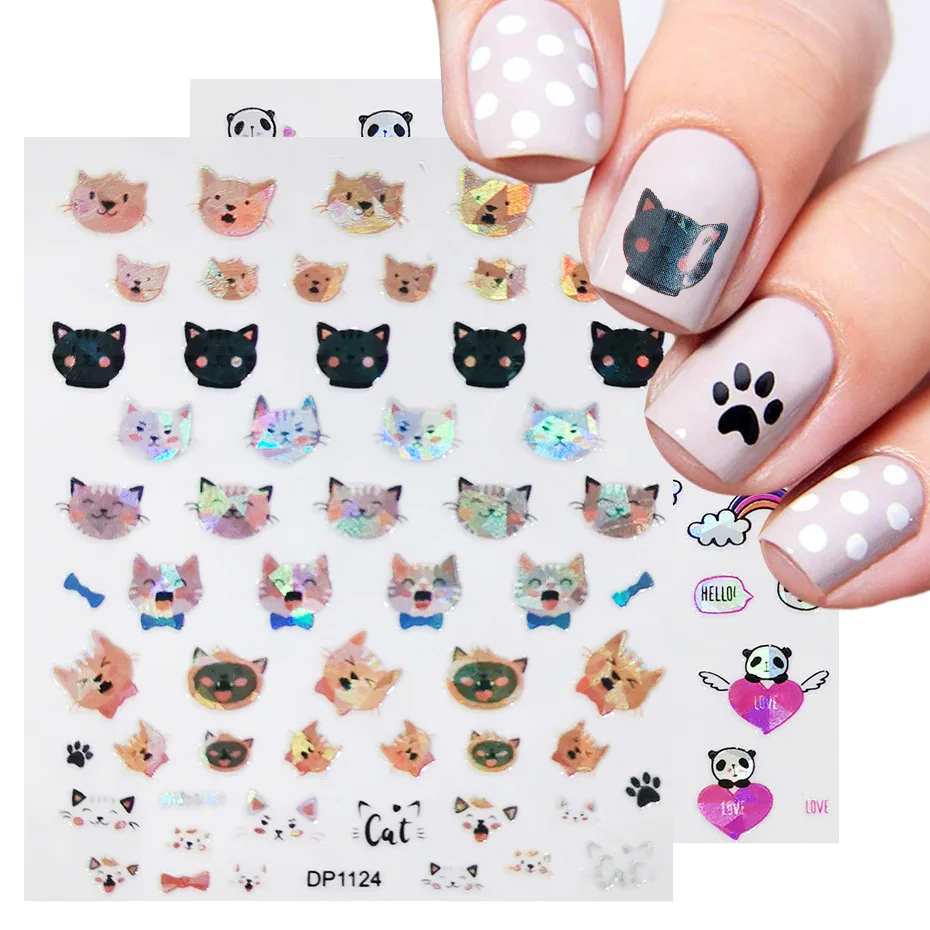 3D лазерные наклейки для ногтей Клейкие Мультяшные аниме кошки панды животные