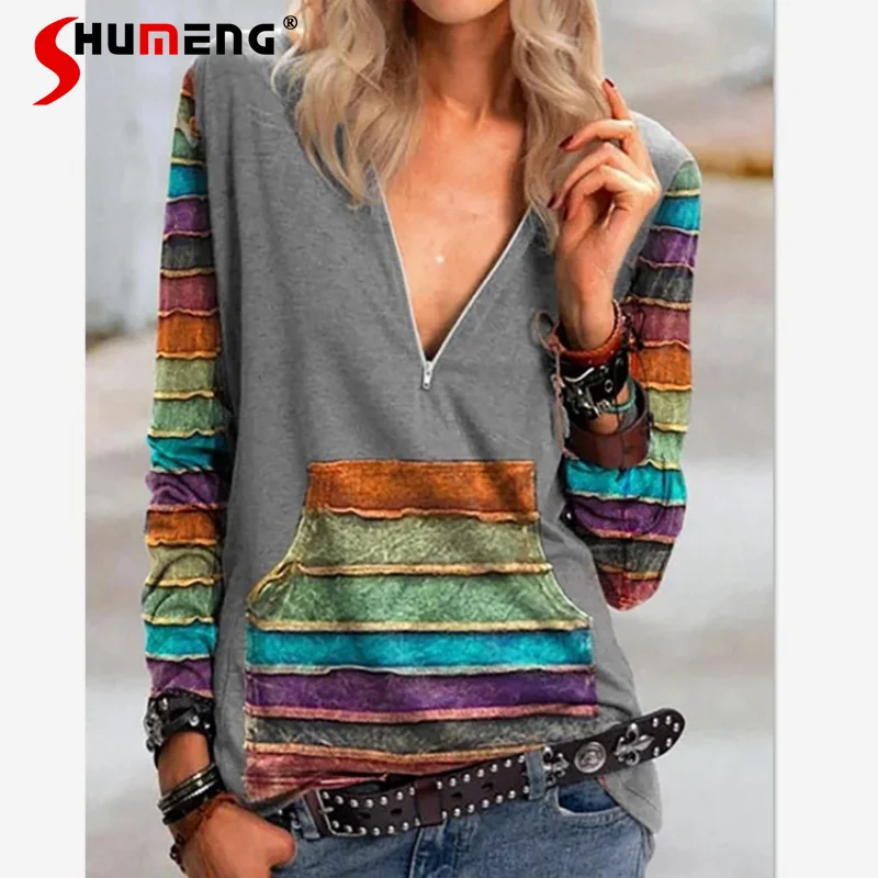 

Gothic Y2k Loose Women Printed V-neck Colorful Long Sleeve Tops 2021 Fall Casual Punk T-shirts Clothes Tees Tops for Women
