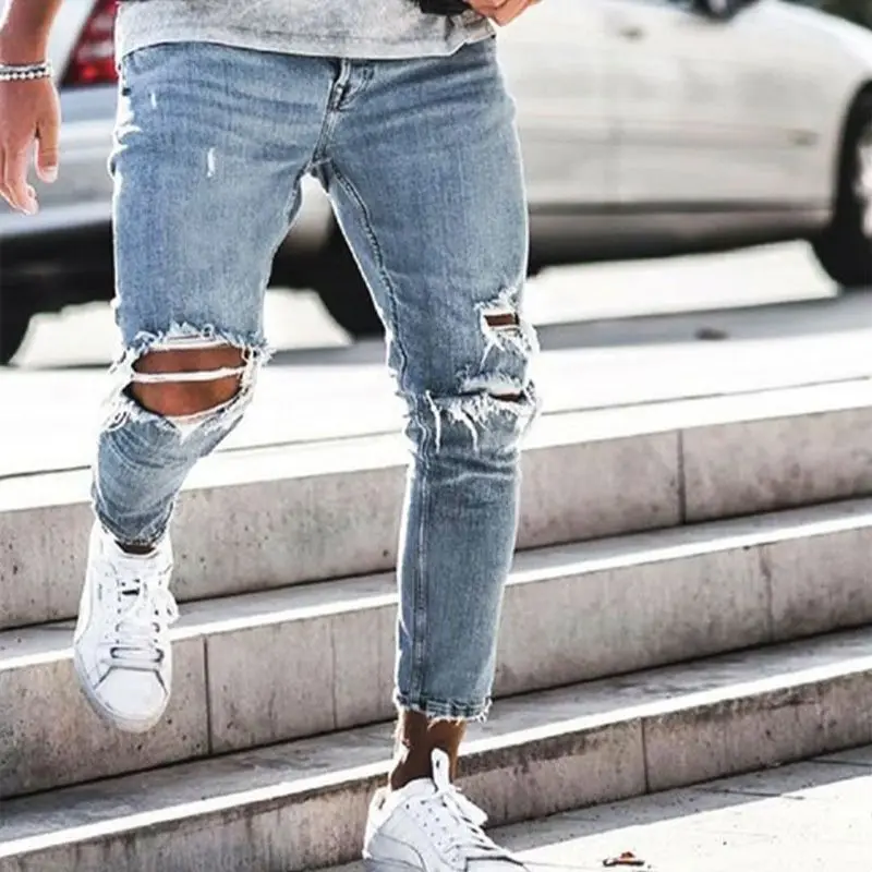 2021 Men's Jeans New Style Boken Holes Europe America Fashion Trousers Light Blue Beggar Pants S-XXXL