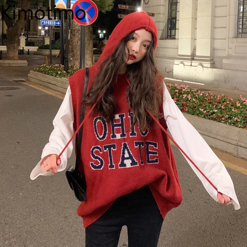 

Kimotimo Hooded Knitted Vest Women Autumn Winter Outwear Letter Printing Waistcoat Korean Chic Loose Lazy Sleeveless Pullover