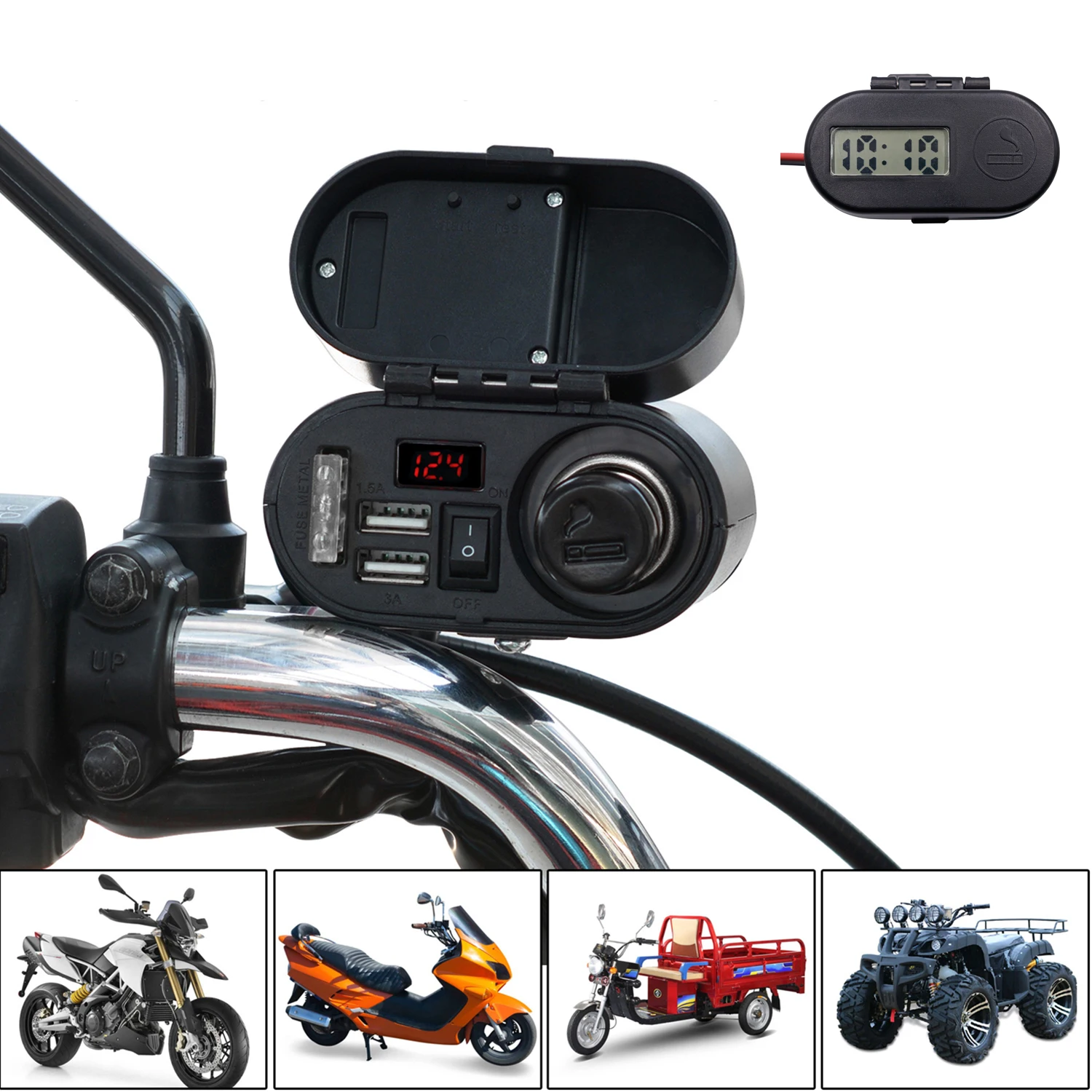 

Многофункциональное водонепроницаемое зарядное устройство для мотоцикла на 2 доллара США, быстрая зарядка 3,0 А с часами, цифровой дисплей, в...