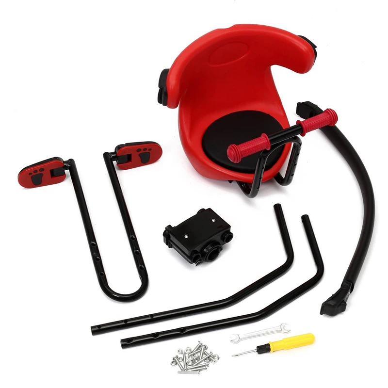 Детское сидение для горного велосипеда с передним креслом, подлокотниками, защитной перилой и педалями для велосипеда с диаметром колес до 5 дюймов.