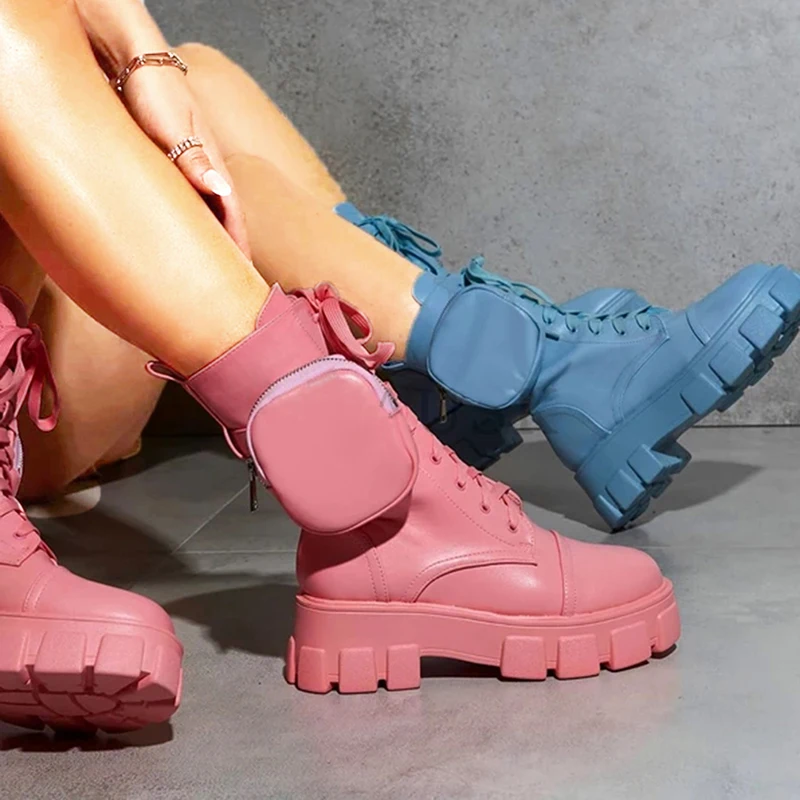 

Winter Fashion Motorcycle Boots Wedges Flat Boots Woman High Heel Platform PU Leather Boots Lace Up Women Shoes Black Booties