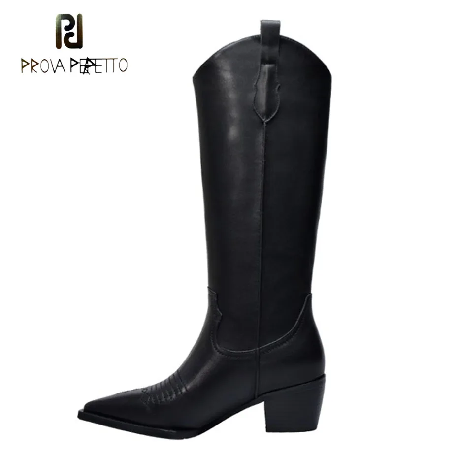 

Prova Perfetto Fashion Pointed Toe Chunky Heel Knee High Boots Women Sewing Solid Color Concise Short Boots Cowboy Knight Boots