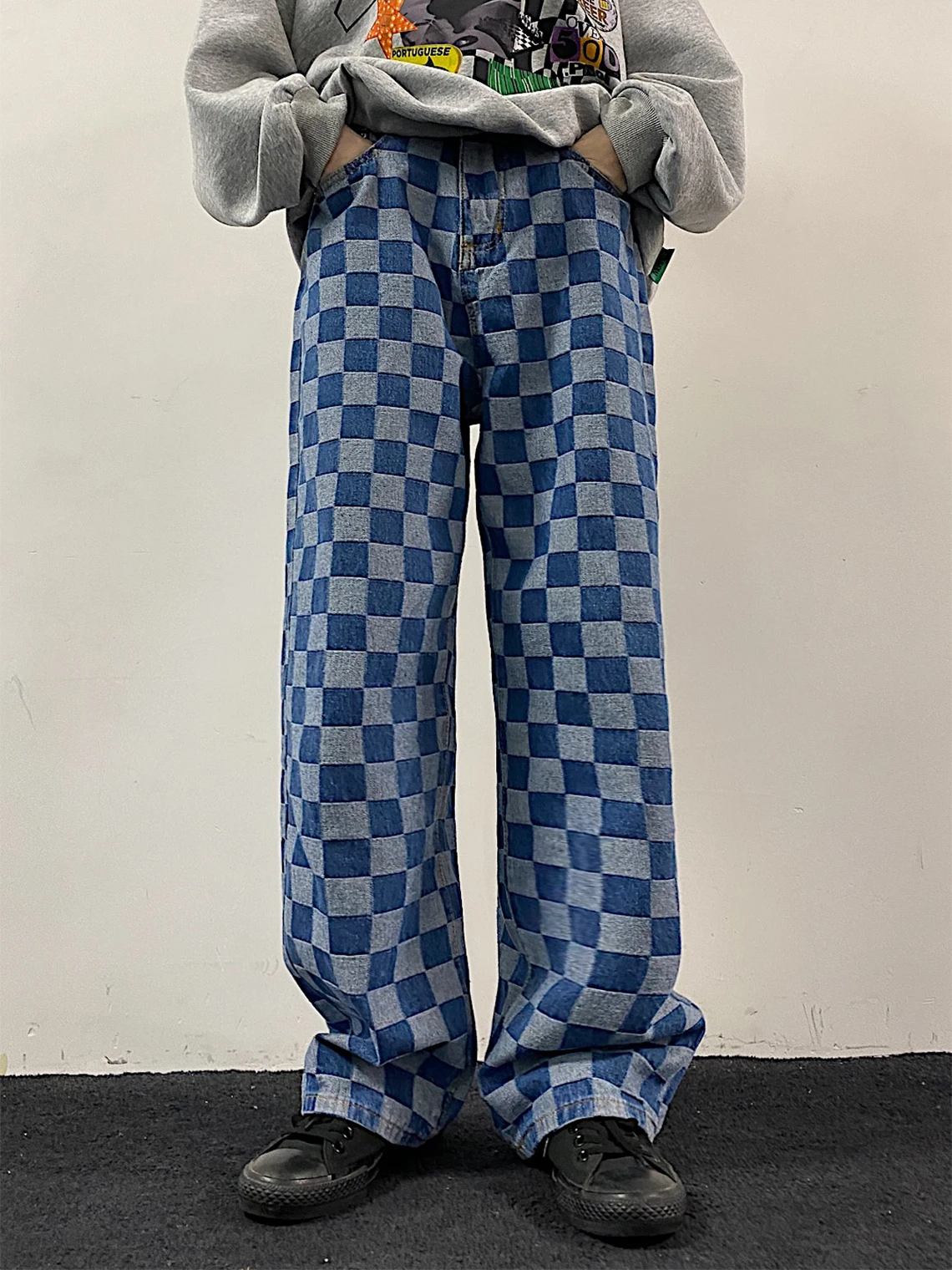 

Checkerboard jeans women's high waist autumn and winter New Vintage loose check fashion women and men