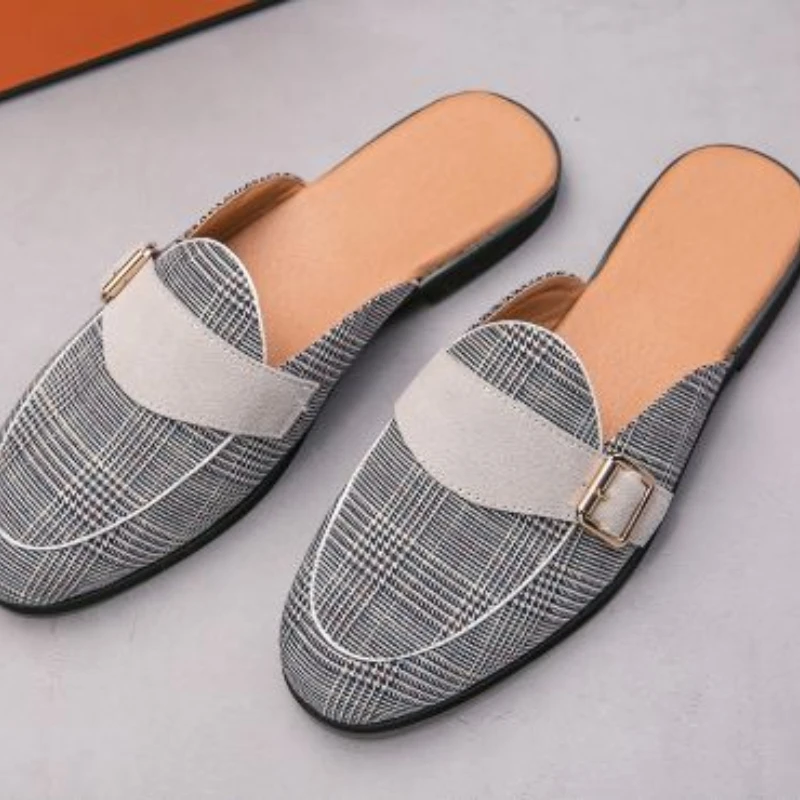 

2021Summer New Men Fashion Lattice Splicing Half Baotou Half Slippers GentlemanVersatile Soft SoleTrend Hot Men's Slippers KS017