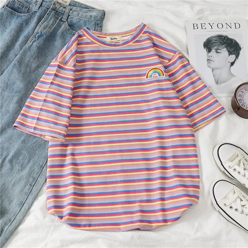 

T-shirts Women Summer Striped O Neck Short Sleeve Oversize Rainbow Ins Leisure Korean Style Womens Tshirts Chic Sweet All-match